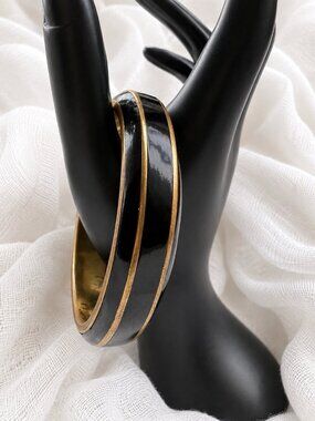 Vintage Black & Gold Tone Bangle Bracelet Wide Statement Retro Boho